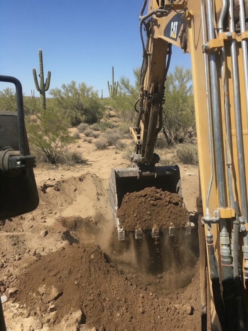 CAT excavator digging in Sonoran desert with saguaros